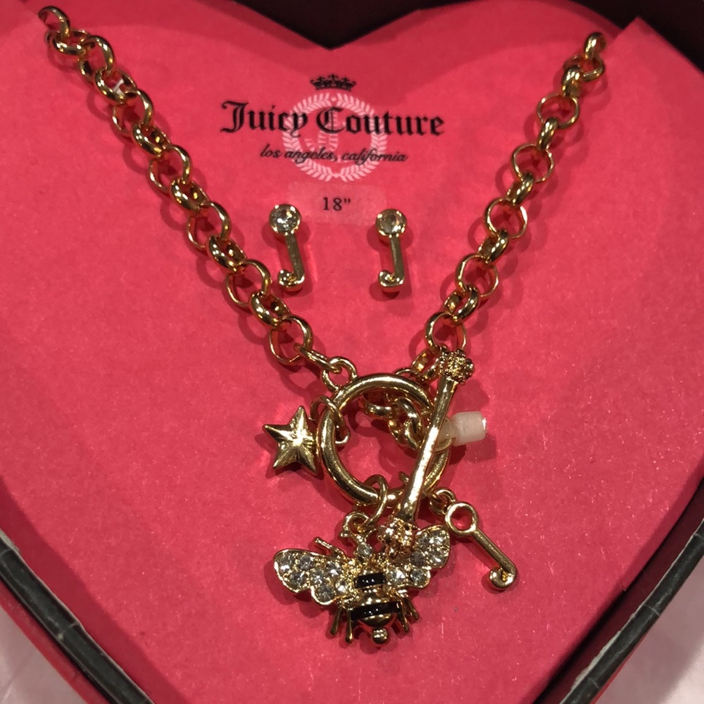 Juicy Couture pave bumble bee star‎ charm necklace and J monogram earrings set